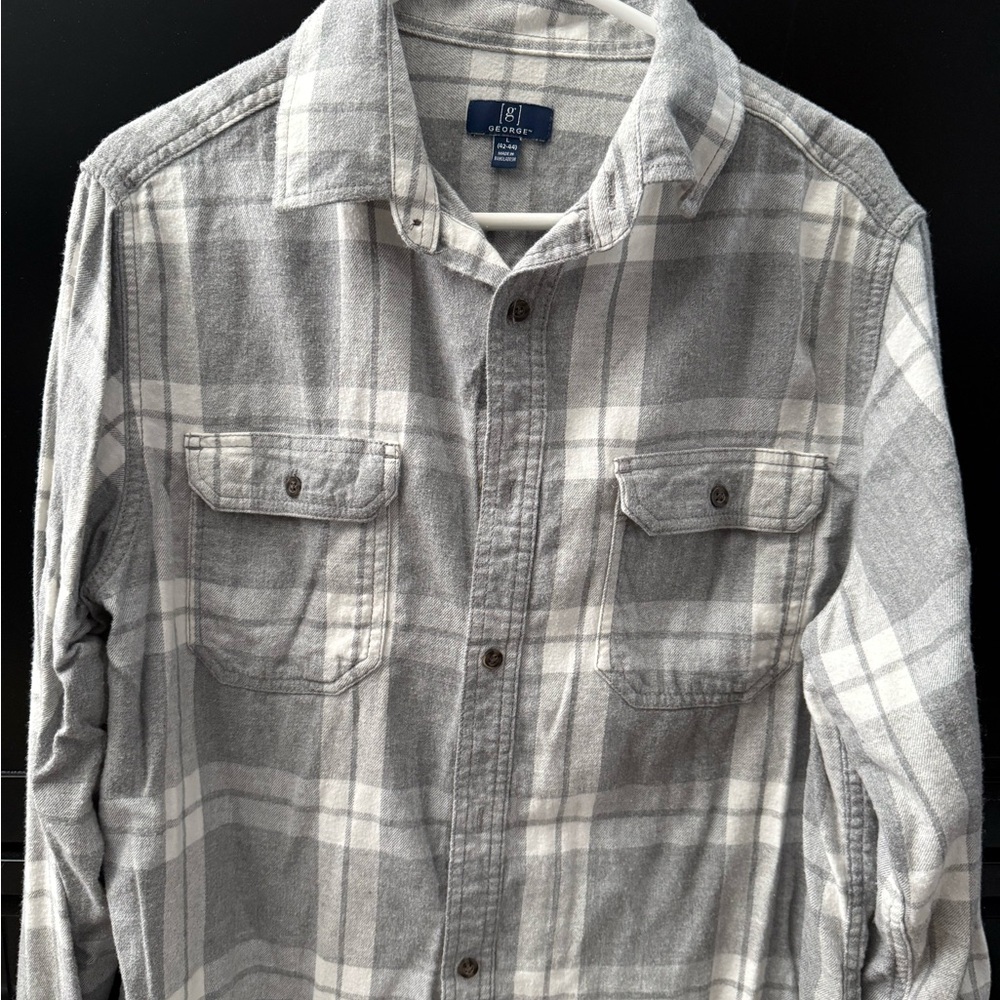 George Men's Gray and White Plaid Button Down Shirt